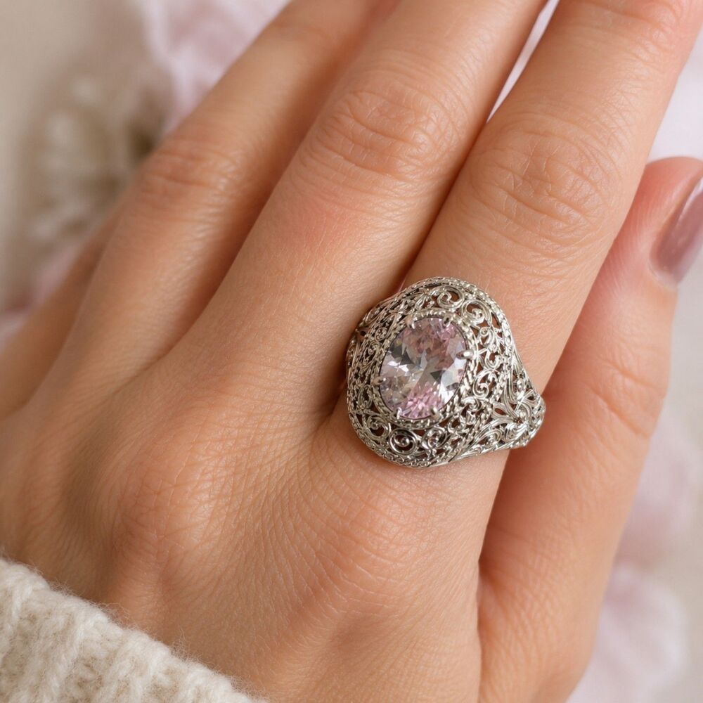 Vintage Style Filigree Cocktail Ring Silver Tone Clear Cubic Zirconia Statement